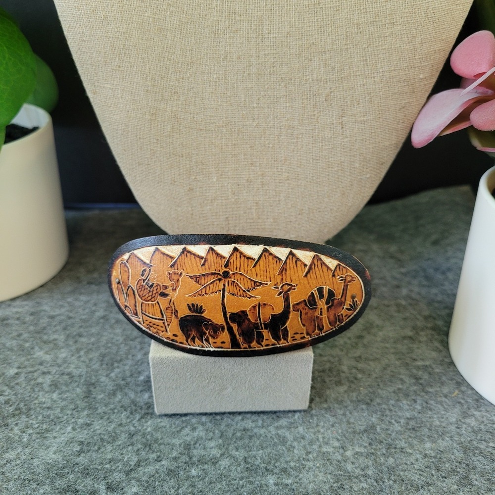 Safari Wildlife Scene Oval Hair Barrette Etched Pictorial Boho Statement Alpaca